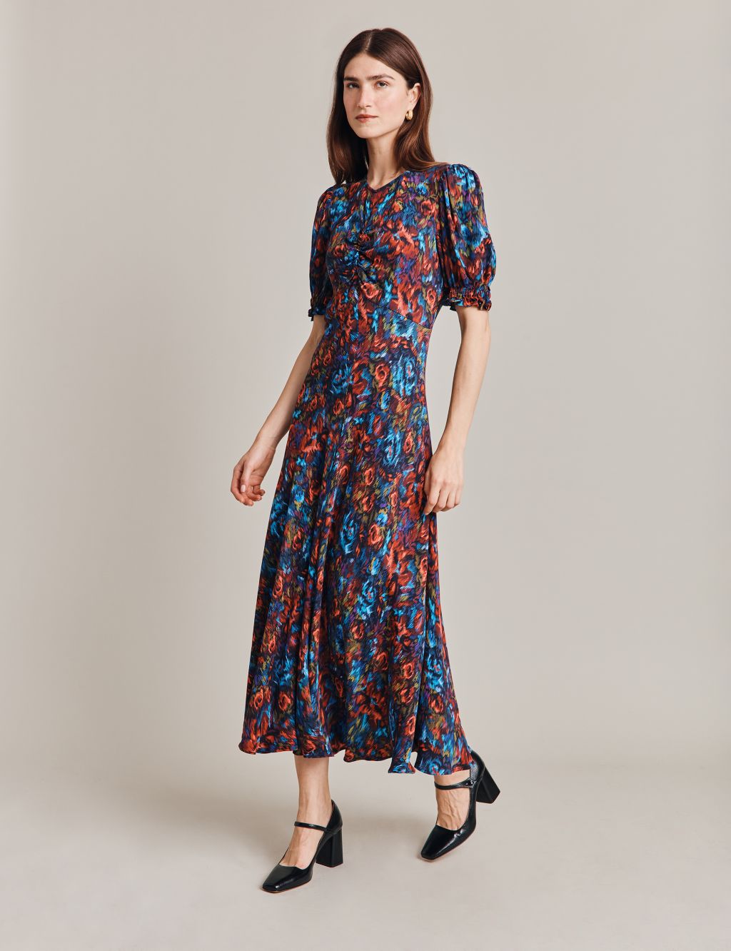 Floral Puff Sleeve Midi Waisted Dress 3 of 4
