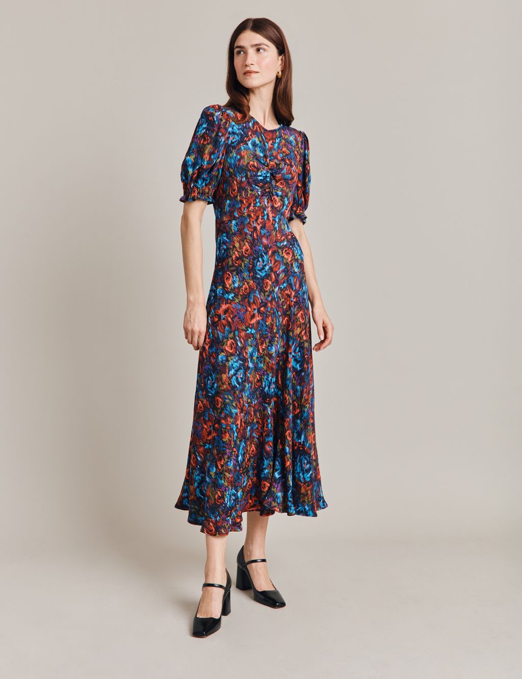 Floral Puff Sleeve Midi Waisted Dress 1 of 4