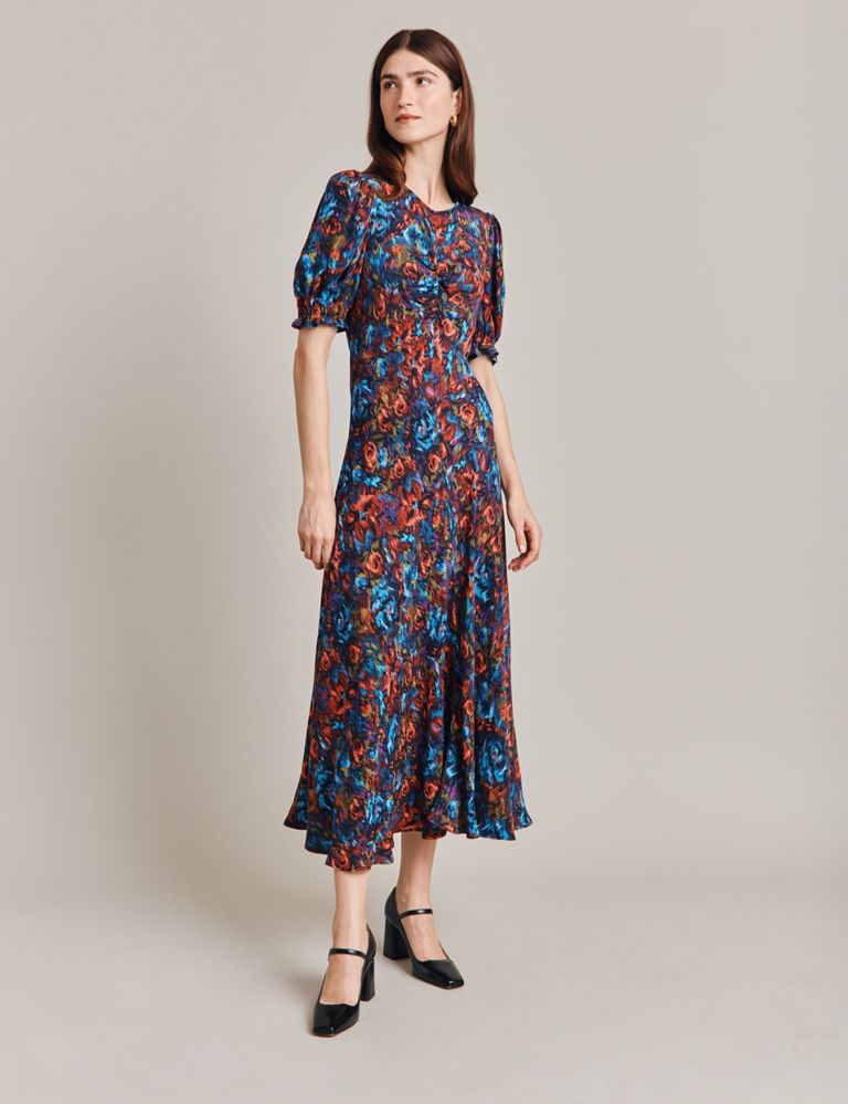 Floral Puff Sleeve Midi Waisted Dress 2 of 4
