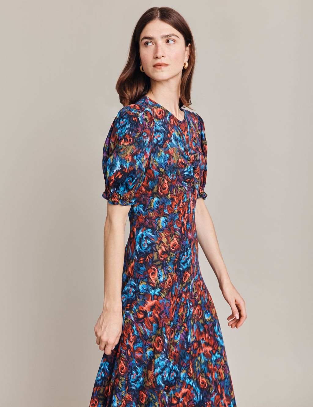 Floral Puff Sleeve Midi Waisted Dress 2 of 4