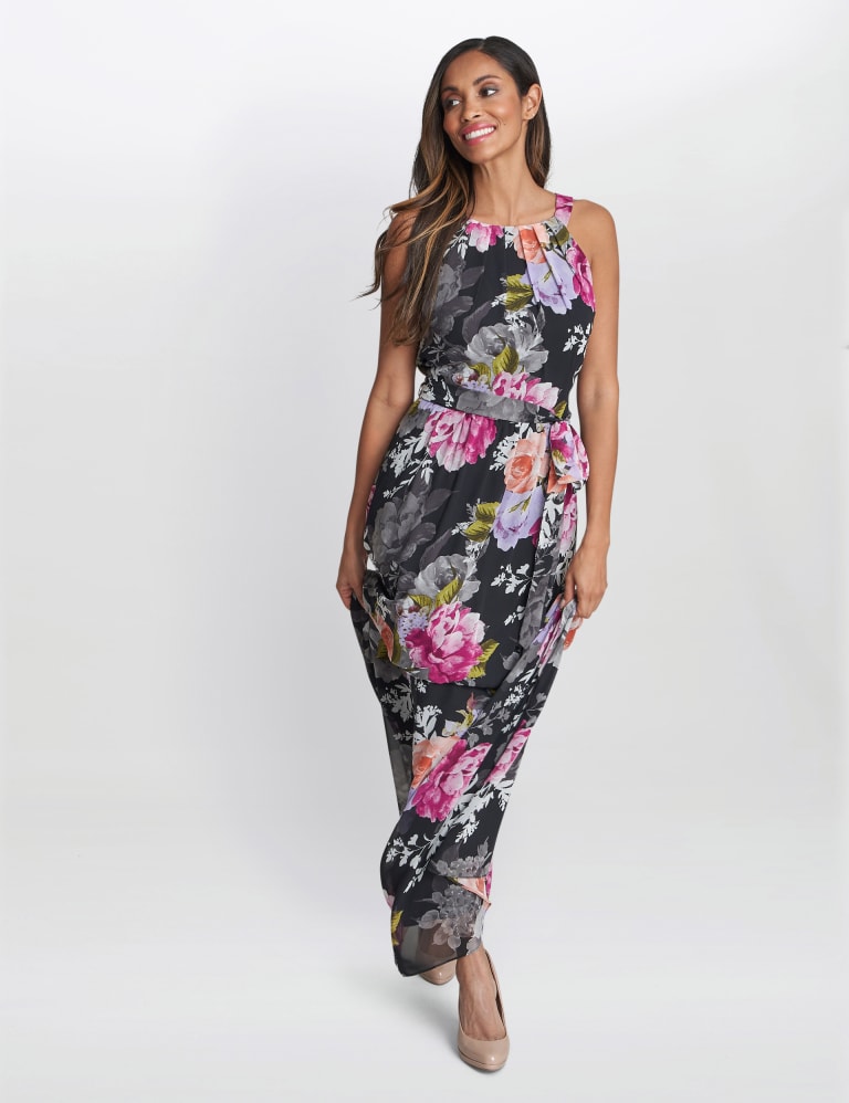 Floral Round Neck Belted Maxi Waisted Dress