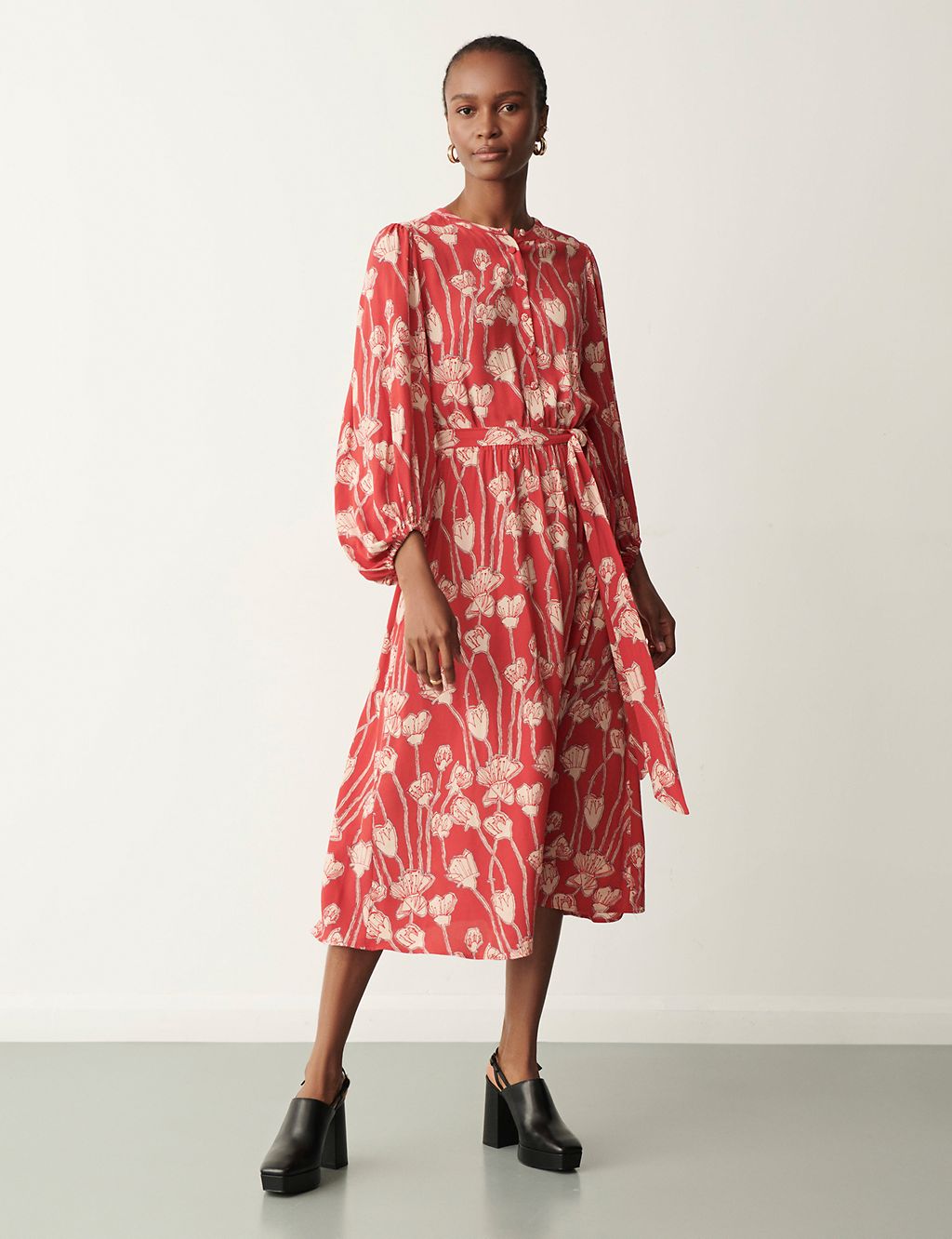 Floral Round Neck Belted Midi Waisted dress | Finery London | M&S