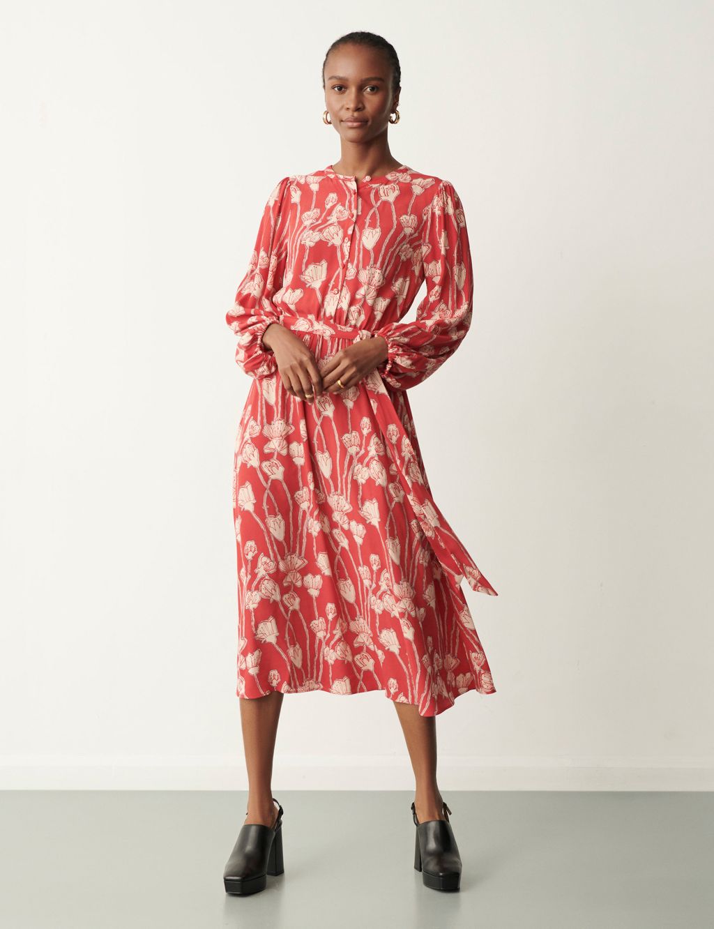 Floral Round Neck Belted Midi Waisted dress | Finery London | M&S