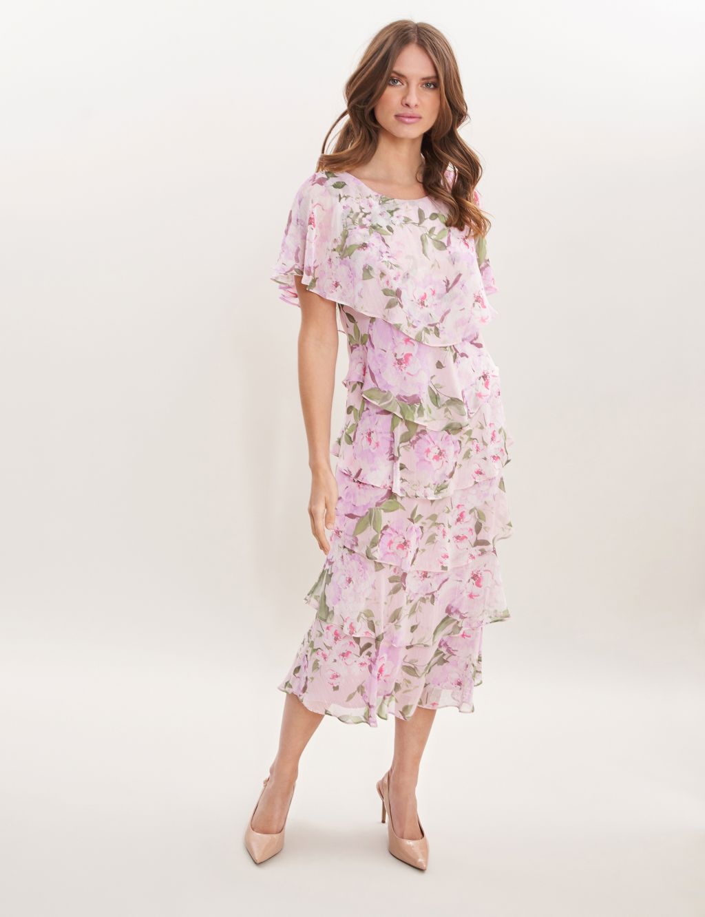Floral Round Neck Midi Tiered Dress | Gina Bacconi | M&S