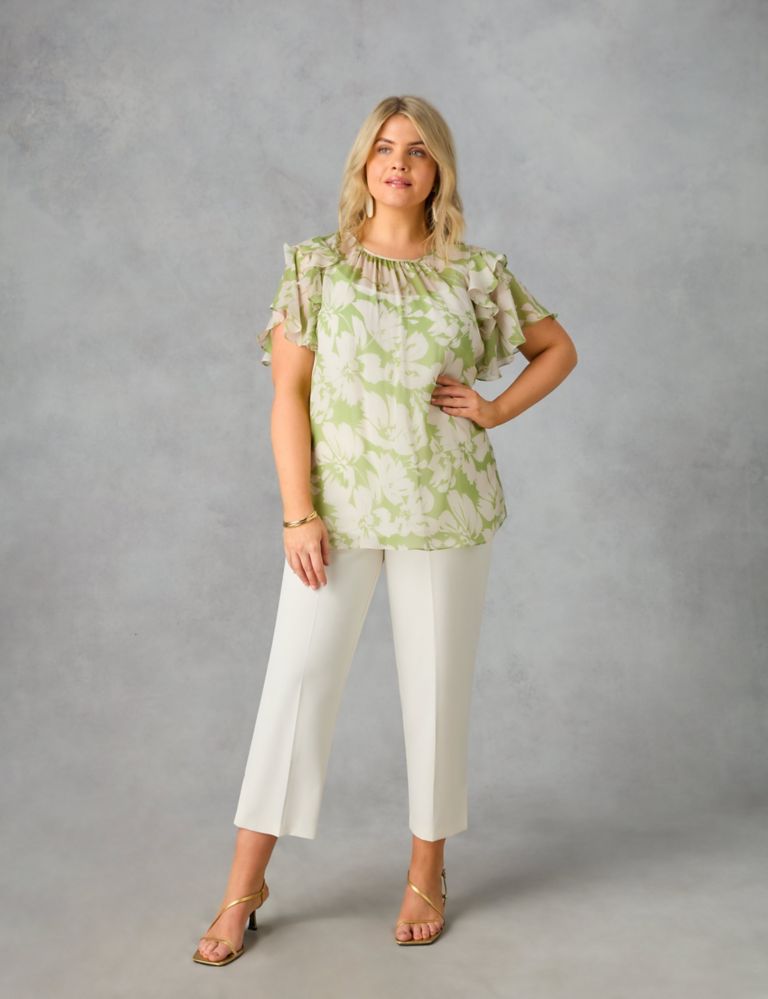 Floral Round Neck Ruffle Sleeve Blouse 1 of 3