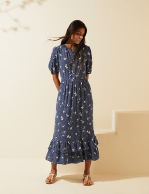 Marks and Spencer Floral Print Frill Sleeve Swing MIDI Dress M&S