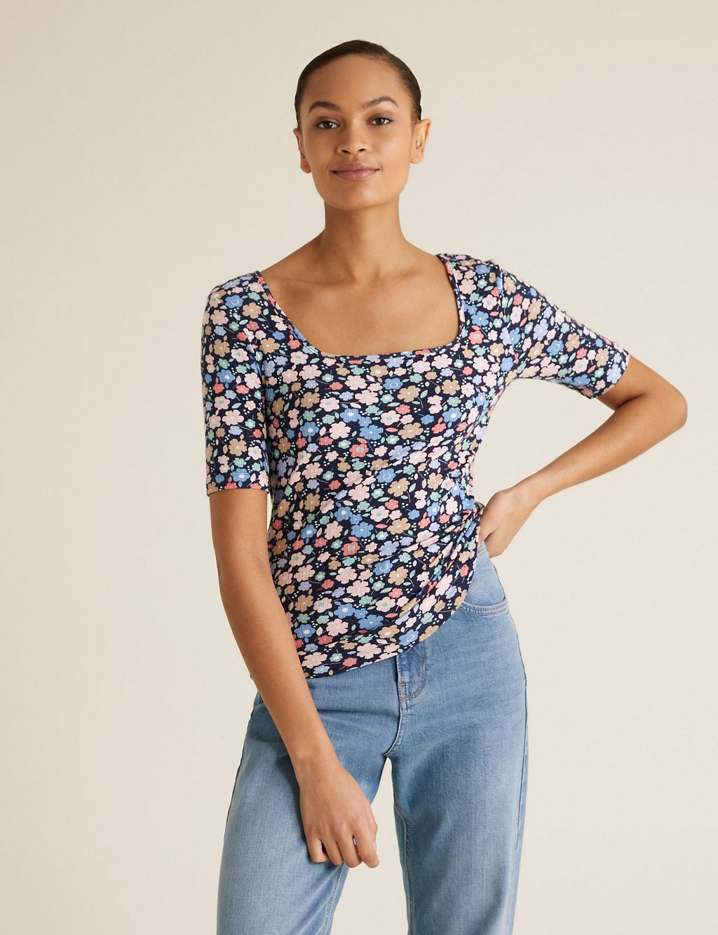 Floral Square Neck Fitted T-Shirt 2 of 5