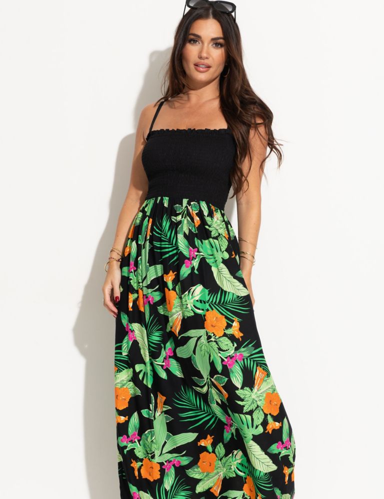 Floral Square Neck Maxi Shirred Beach Dress 4 of 5