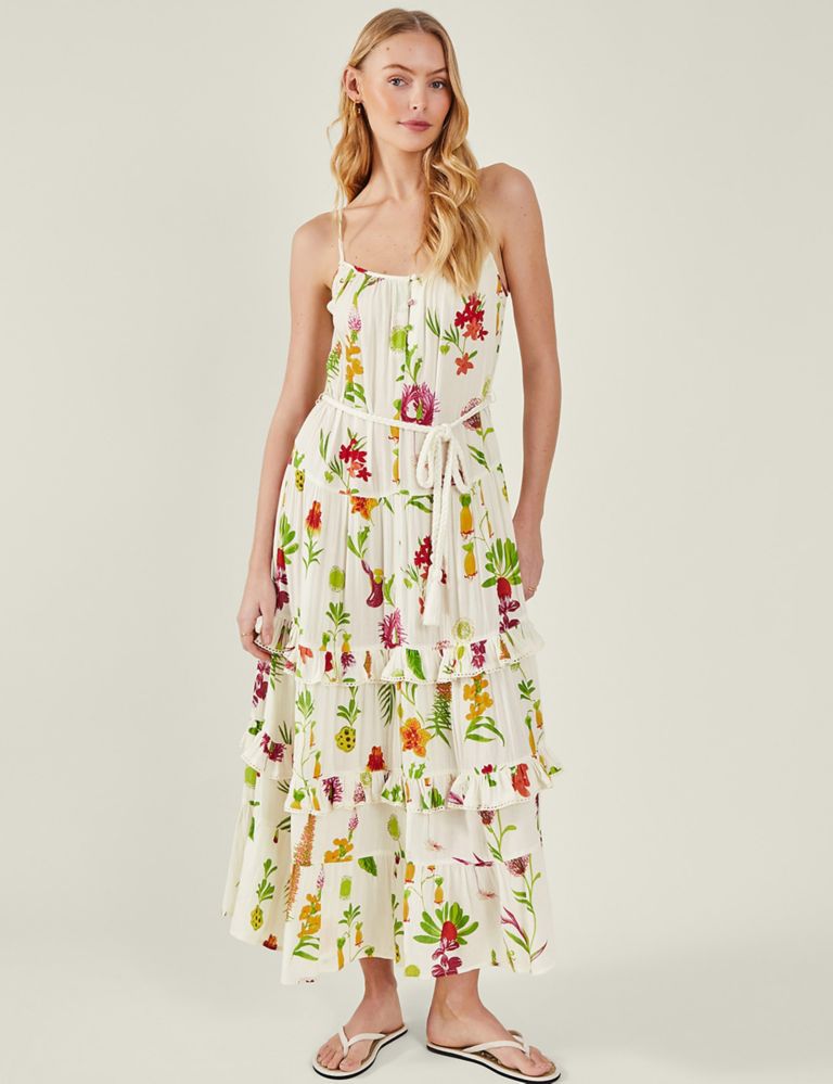 Floral Strappy Tie Waist Maxi Tiered Dress 1 of 4
