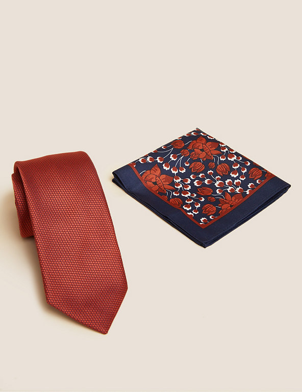 Floral Pure Silk Tie & Pocket Square Set Marks & Spencer Men Accessories Ties Pocket Squares 