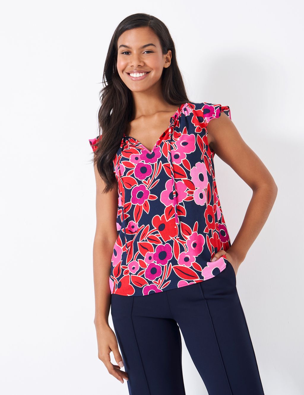 Floral Tie Neck Frill Sleeve Top 3 of 6