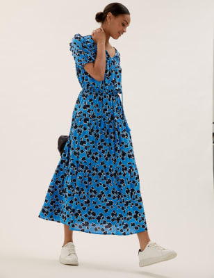 Floral Tie Neck Midaxi Waisted Dress M S Collection M S