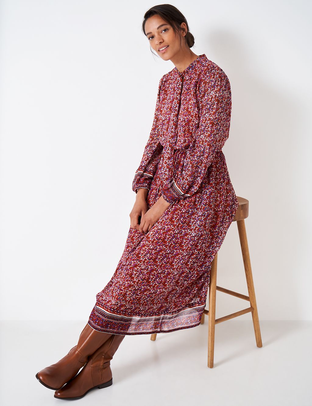 Floral Tie Neck Midi Waisted Dress | Crew Clothing | M&S