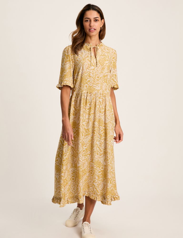 Floral Tie Neck Ruffle Detail Midi Smock Dress 1 of 6