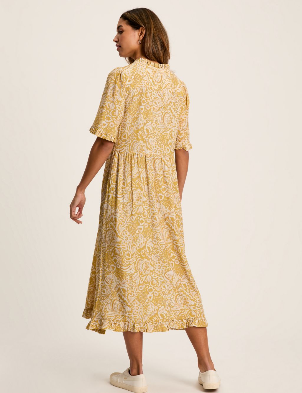 Floral Tie Neck Ruffle Detail Midi Smock Dress 2 of 6