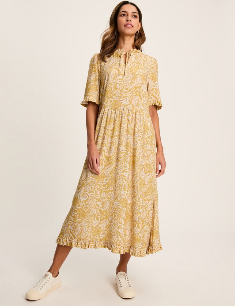 Floral Tie Neck Ruffle Detail Midi Smock Dress 6 of 6