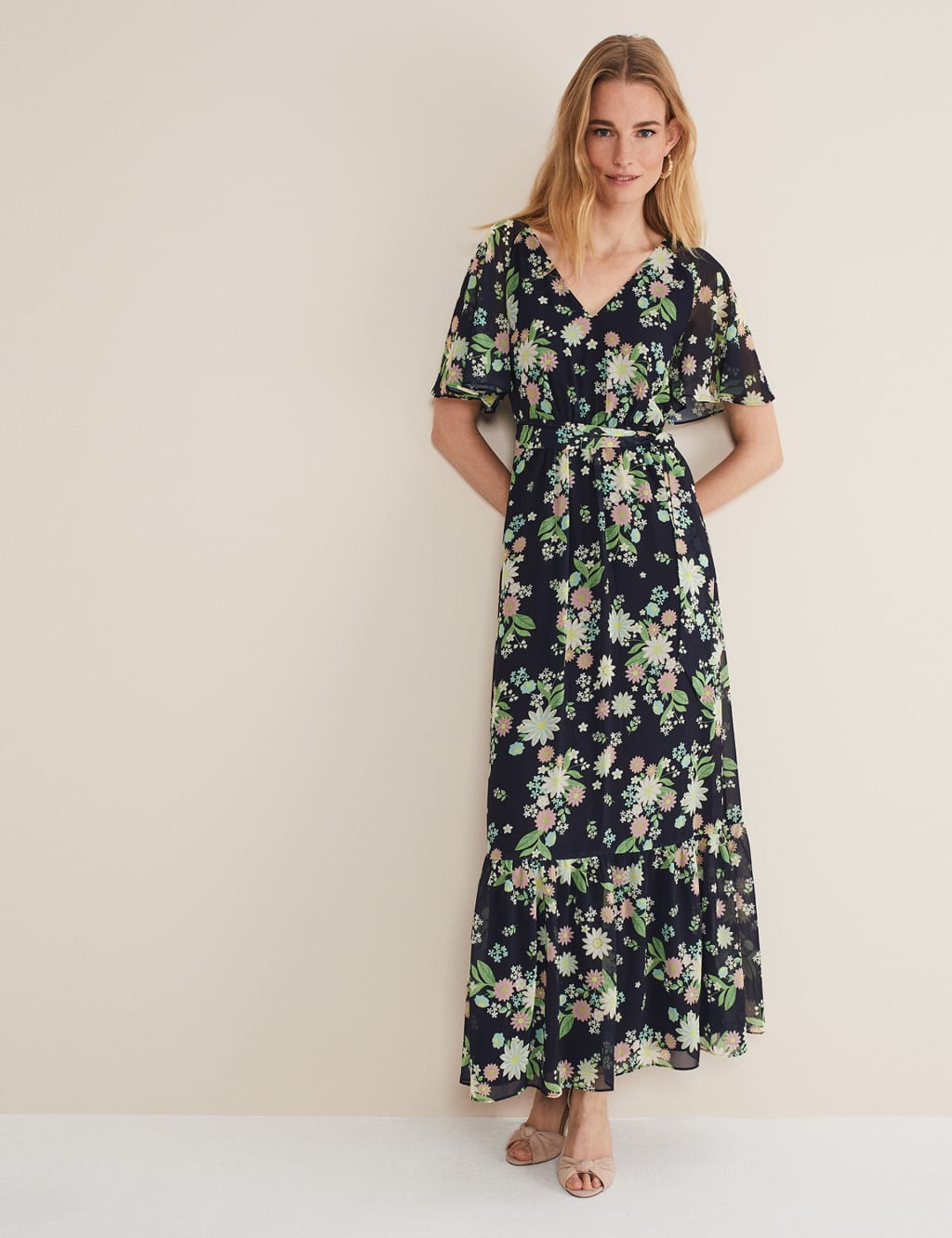 Floral V-Neck Belted Maxi Tiered Dress 3 of 5