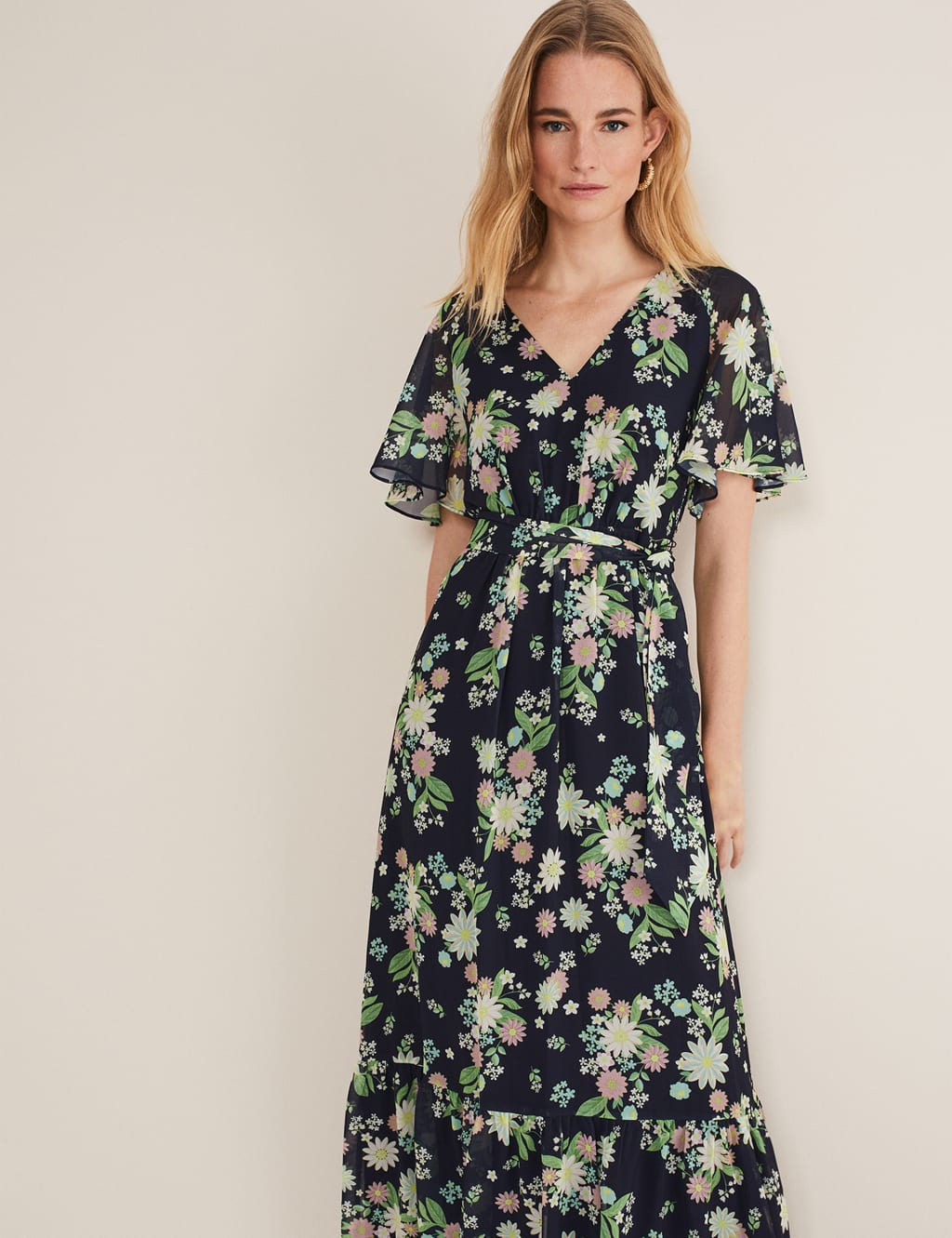 Floral V-Neck Belted Maxi Tiered Dress 4 of 5