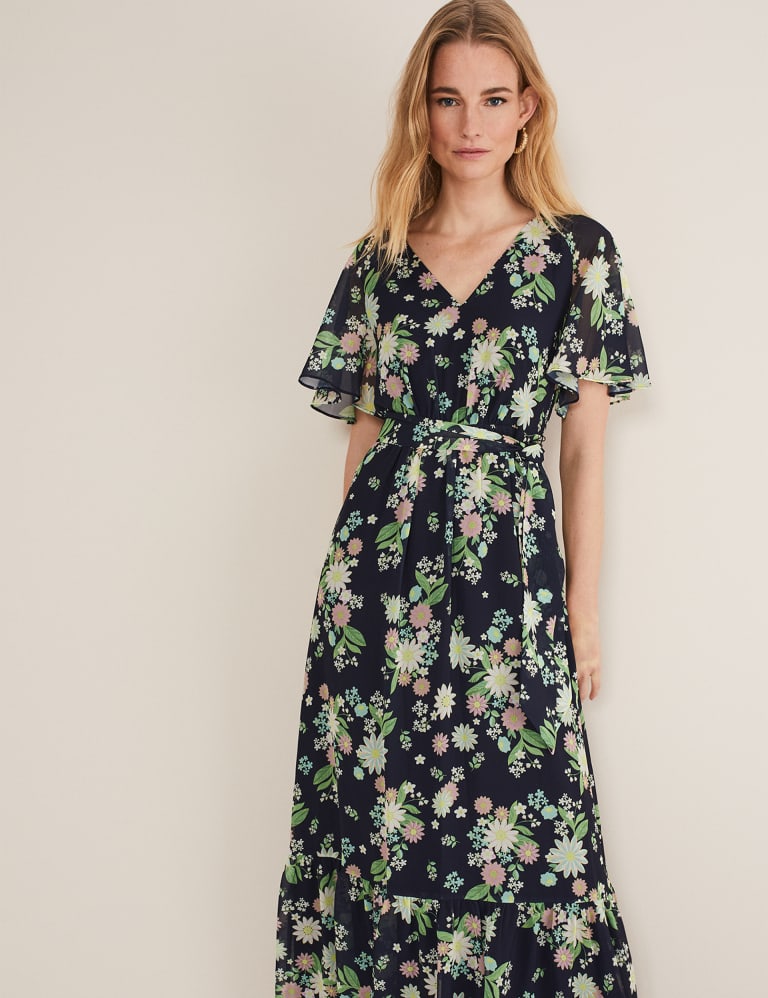 Summer floral printed v collar button embellished vacation dress best sale