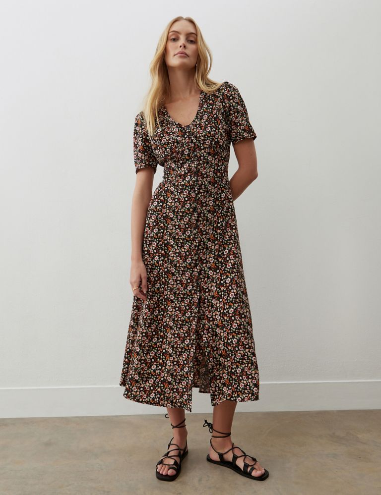 Floral V-Neck Button Front Midi Waisted Dress 1 of 4