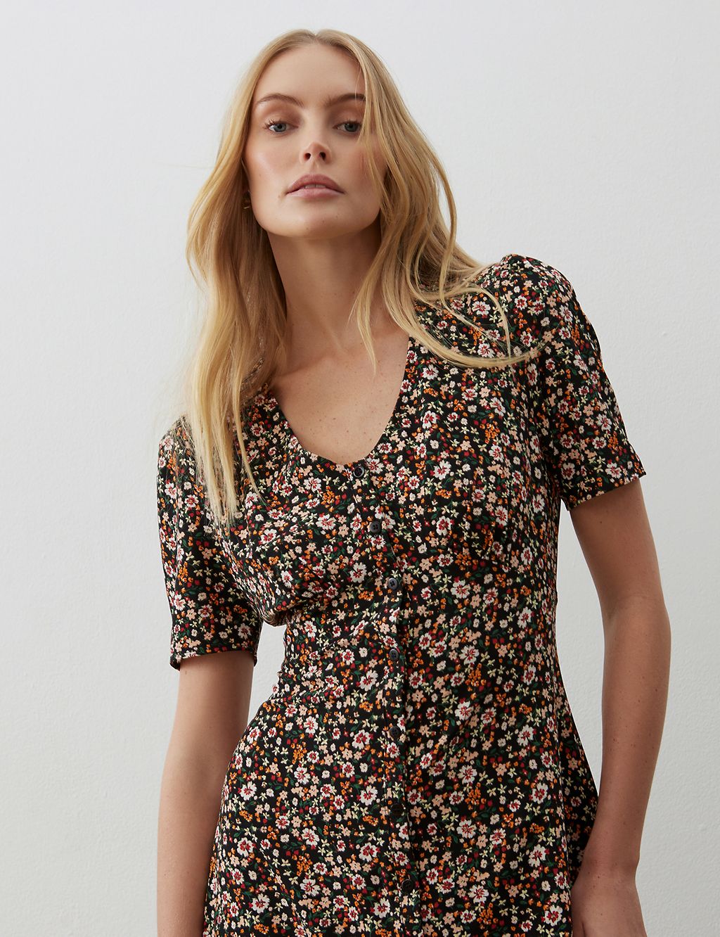 Floral V-Neck Button Front Midi Waisted Dress 2 of 4