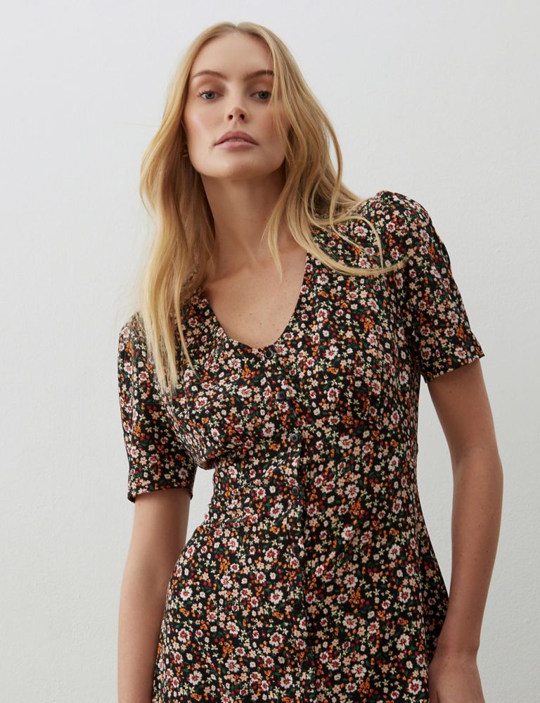 Floral V-Neck Button Front Midi Waisted Dress 3 of 4
