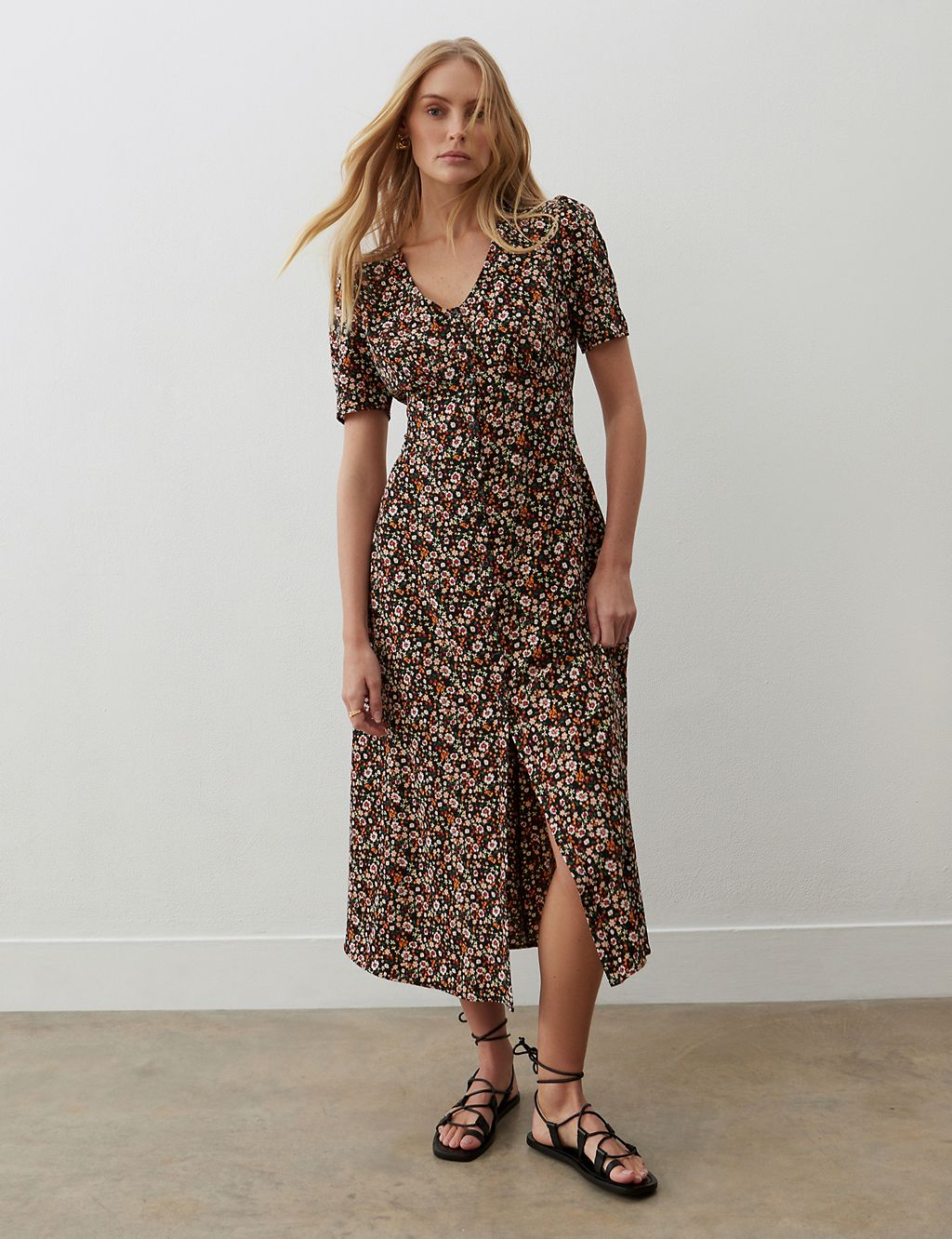 Floral V-Neck Button Front Midi Waisted Dress 4 of 4