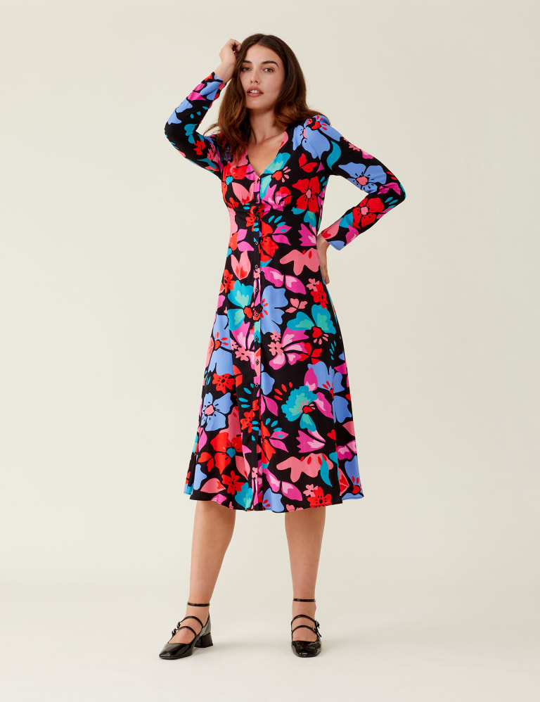 Floral V-Neck Button Through Midi Tea Dress 1 of 4