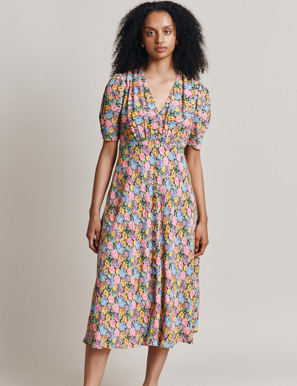 Floral V-Neck Button Through Midi Tea Dress 3 of 4