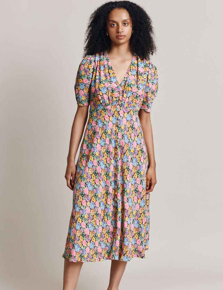 Floral V Neck Button Through Midi Tea Dress