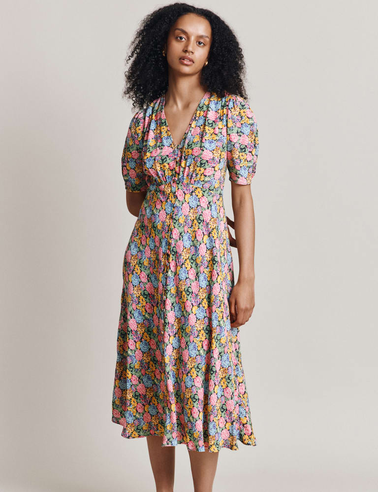 Floral V-Neck Button Through Midi Tea Dress 3 of 4