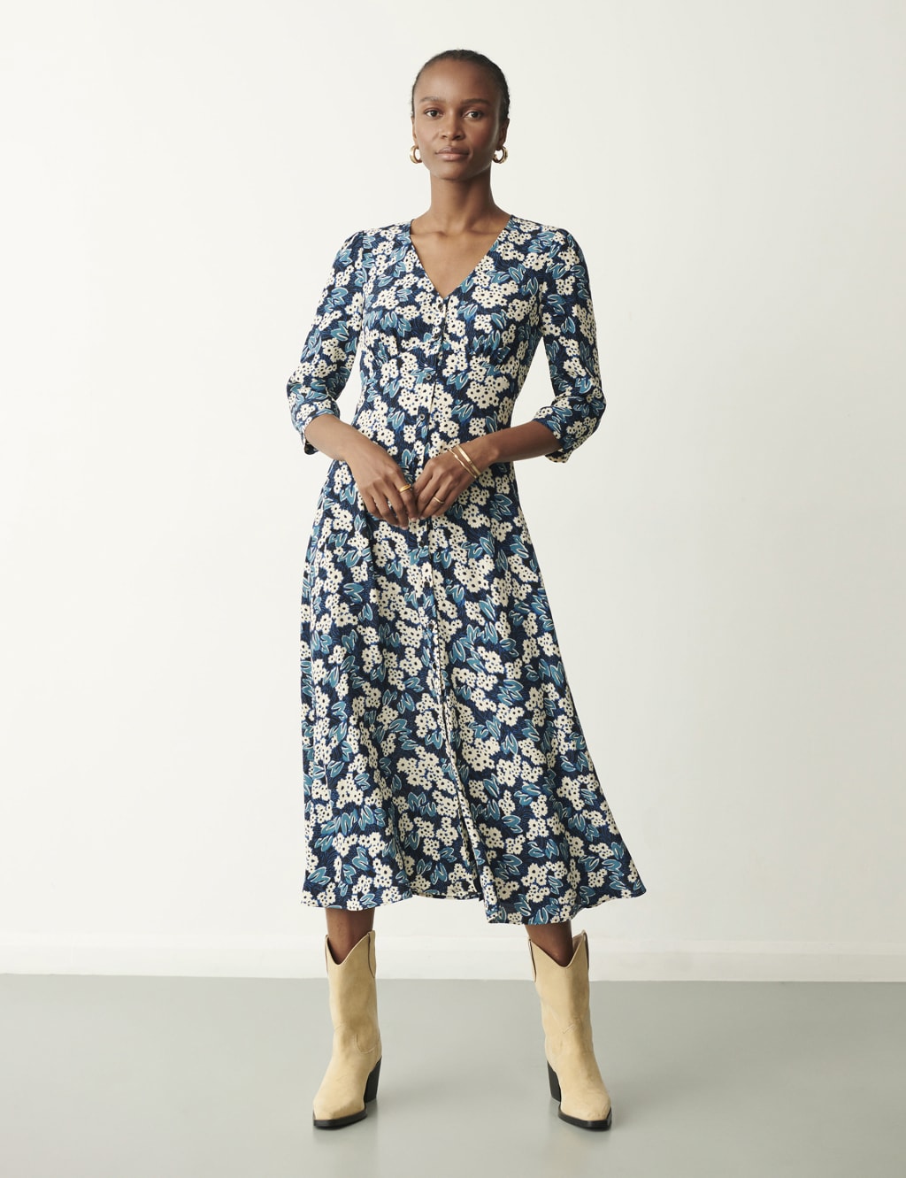 Floral VNeck Button Through Midi Tea Dress Finery London M&S
