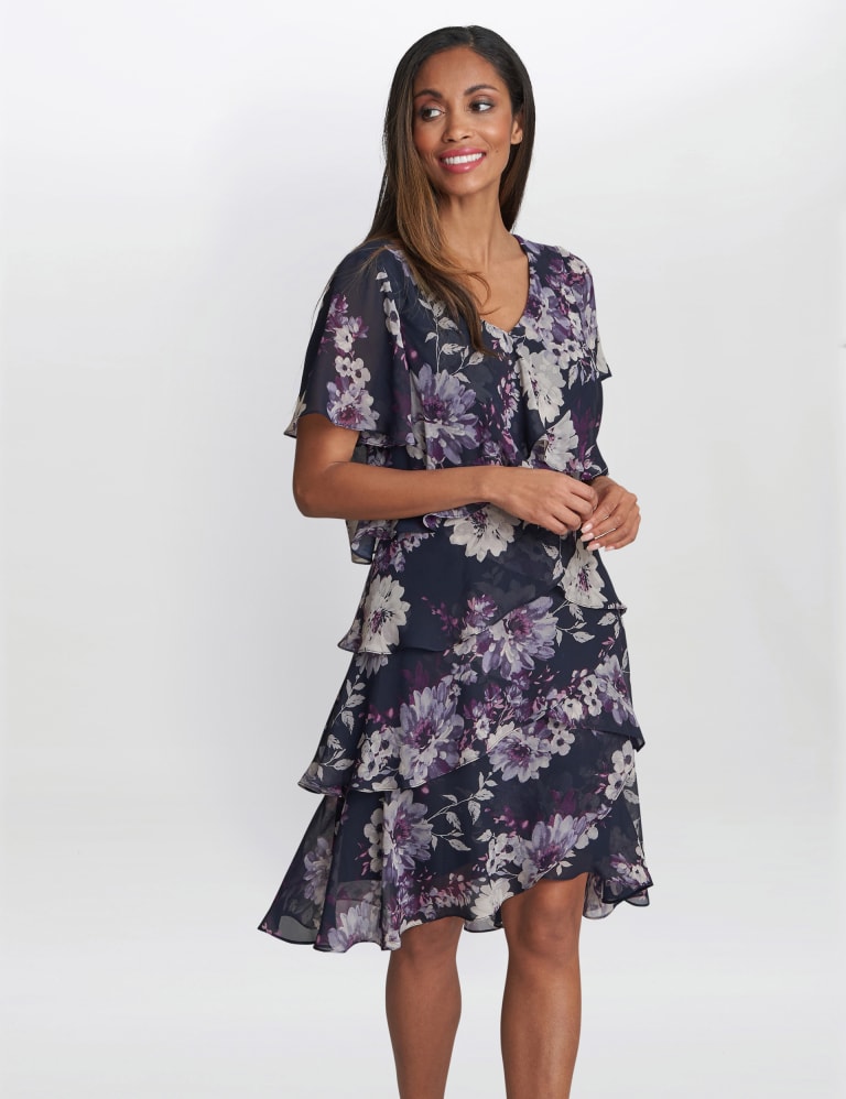 Floral V Neck Knee Length Tiered Dress Gina Bacconi M S