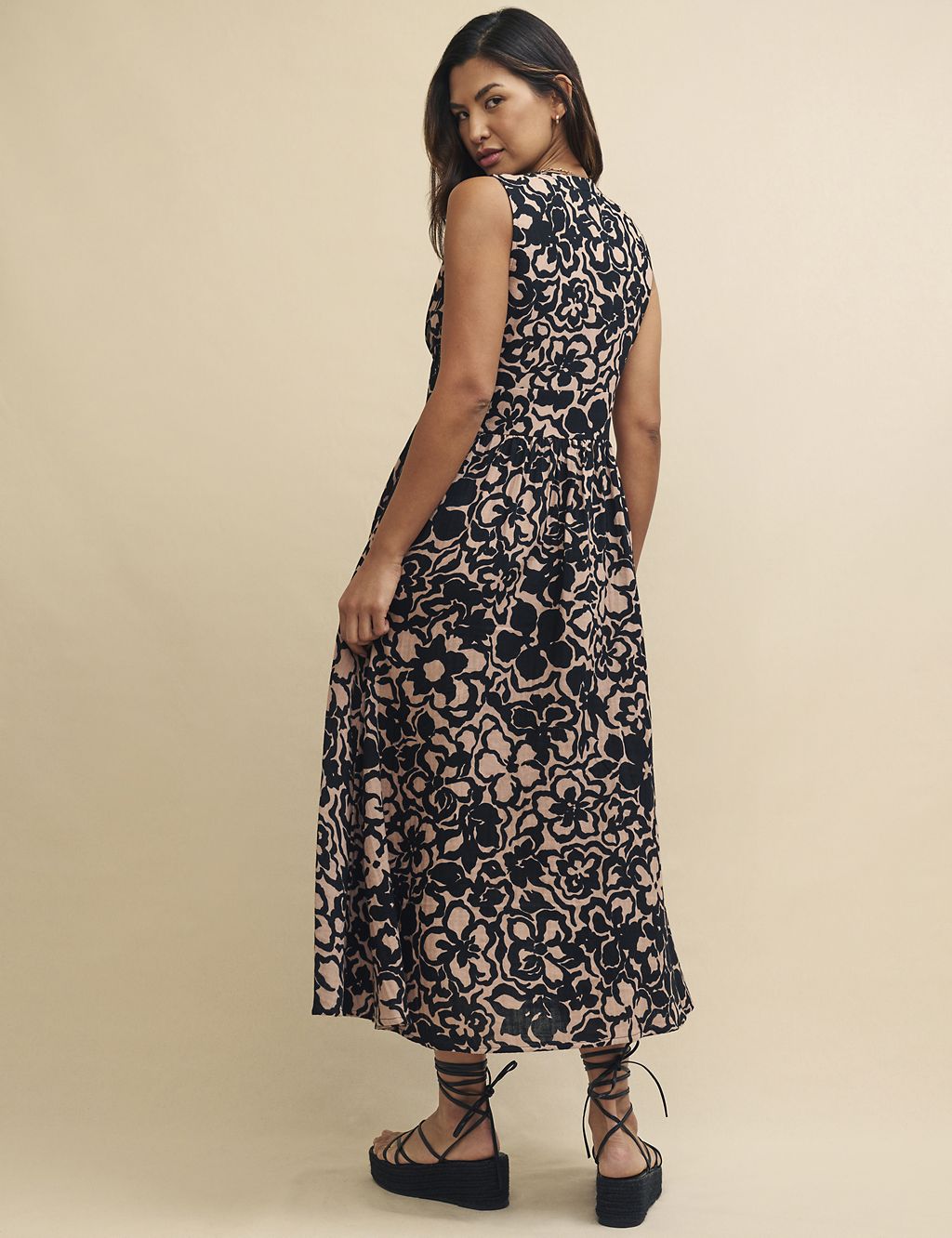 Floral V-Neck Midaxi Waisted Dress with Linen 1 of 4
