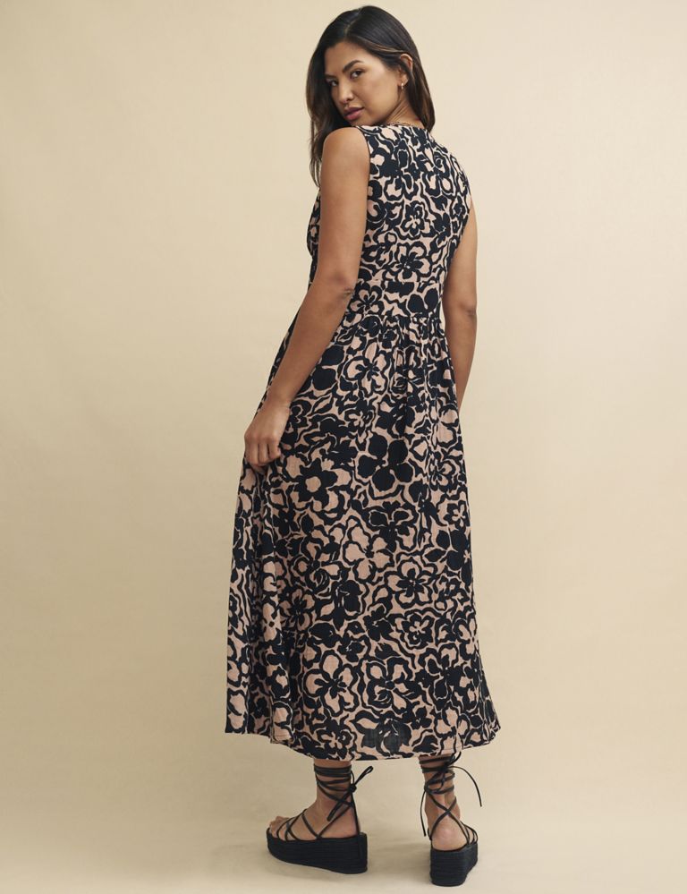 Floral V-Neck Midaxi Waisted Dress with Linen 2 of 4