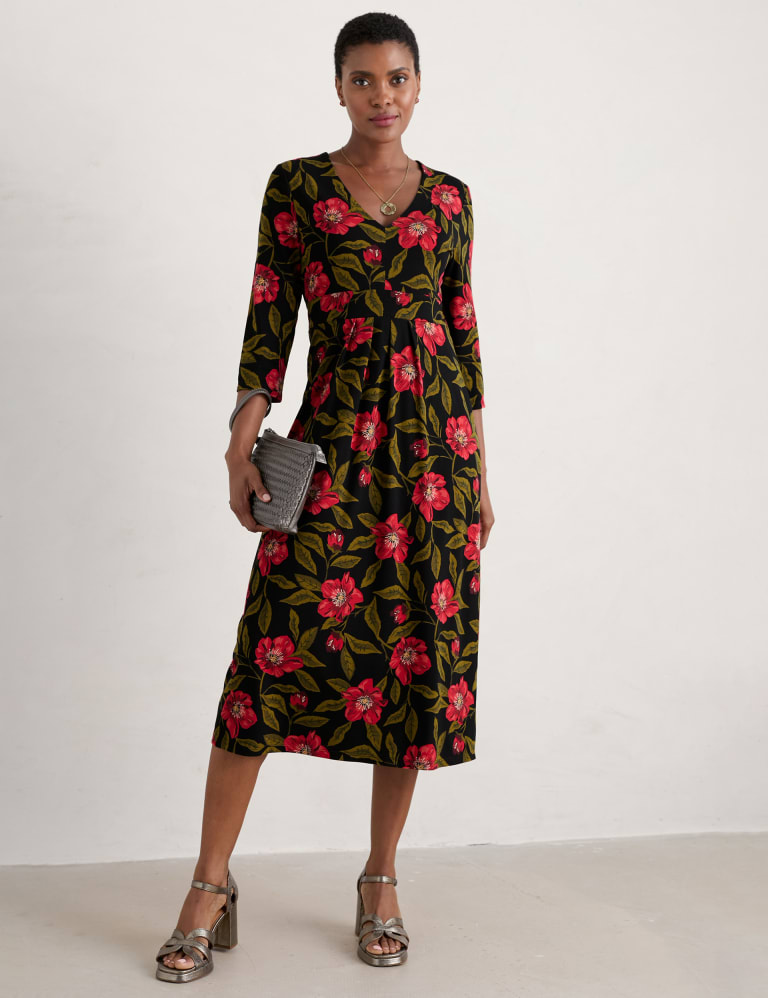 Pure Cotton Printed Square Neck Midi Waisted Dress