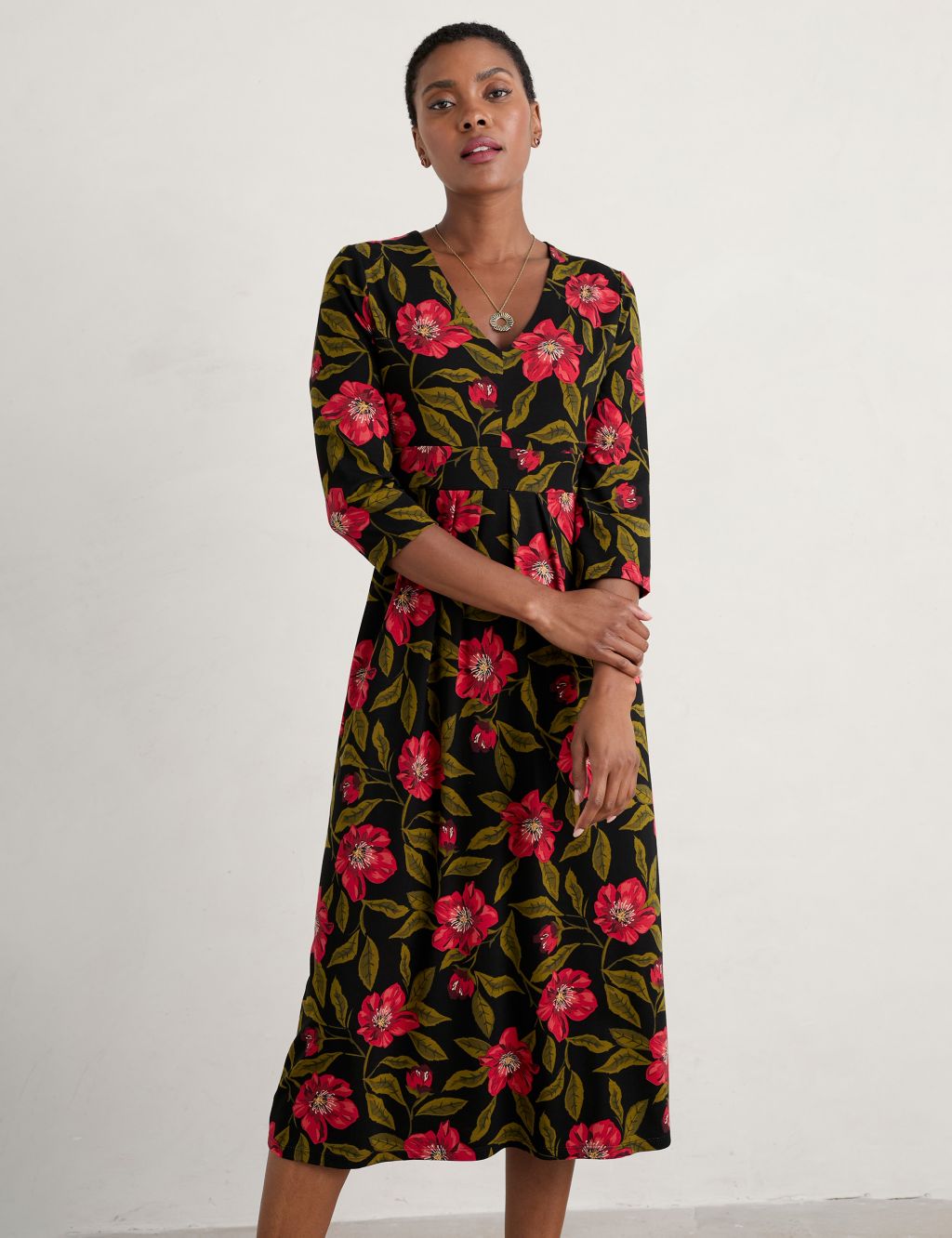 Floral V-Neck Midi Dress with Cotton 2 of 5