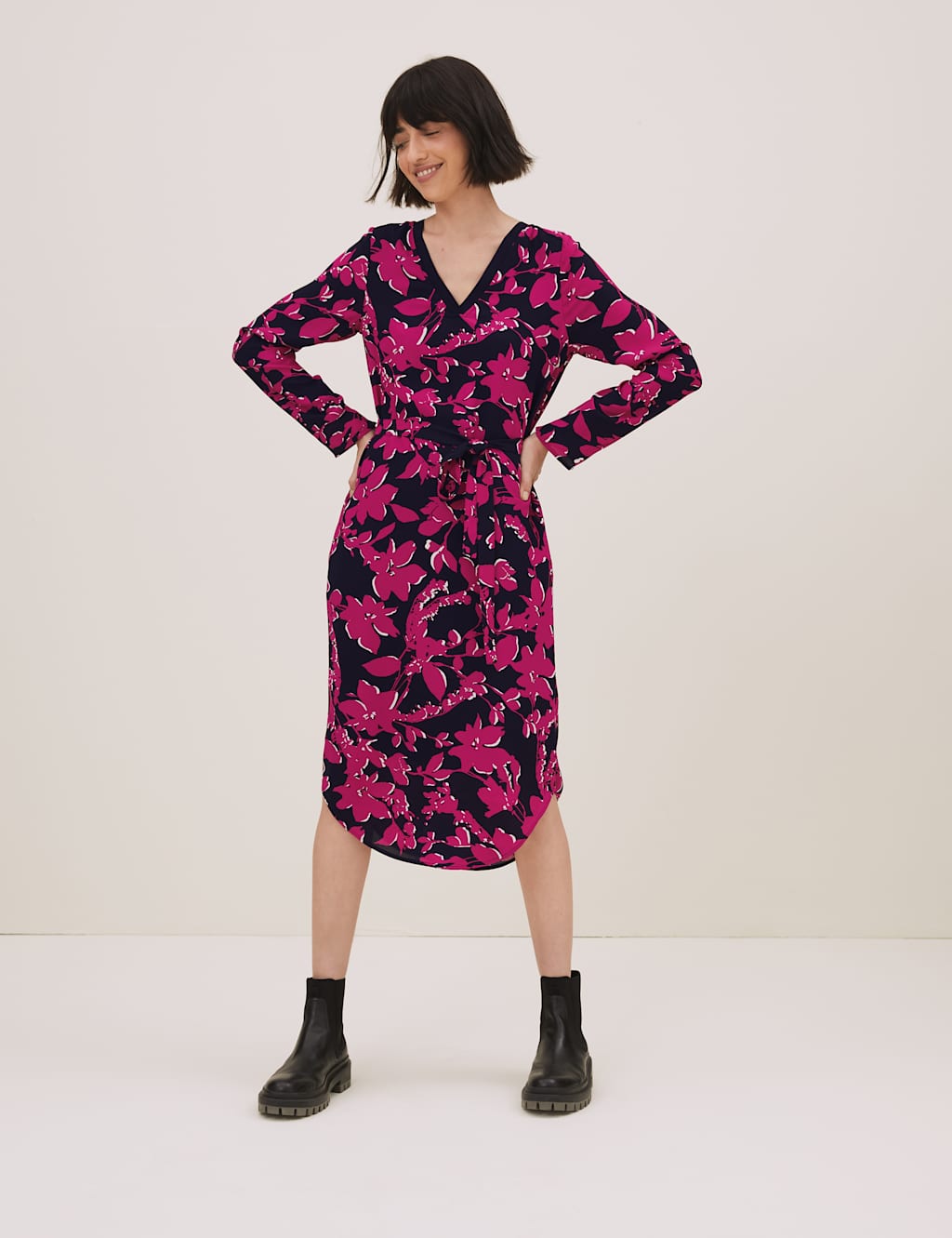 Floral V-Neck Midi Waisted Dress 3 of 7
