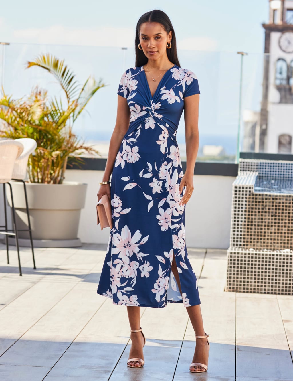 Floral V-Neck Midi Waisted Dress | SOSANDAR | Mu0026S