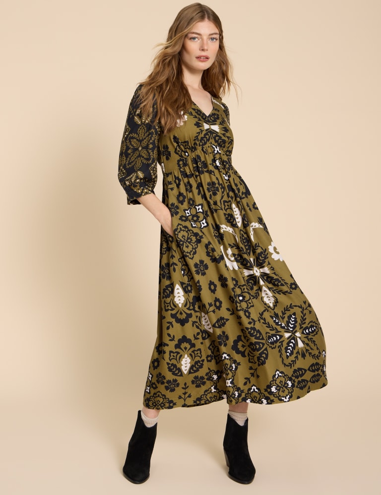 Floral V Neck Midi Waisted Dress