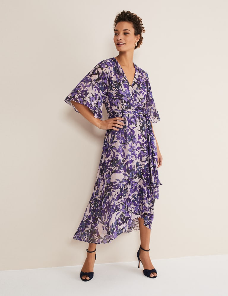 Purple floral wrap dress clearance