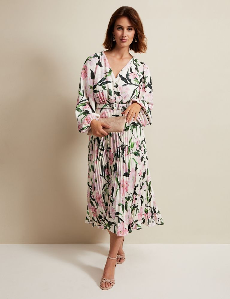 Floral V-Neck Pleated Midi Wrap Dress 1 of 7