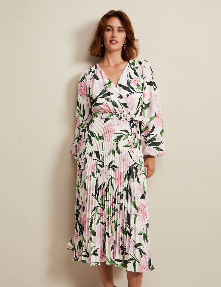 Floral V Neck Pleated Midi Wrap Dress
