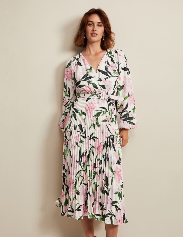 Floral V-Neck Pleated Midi Wrap Dress 3 of 7