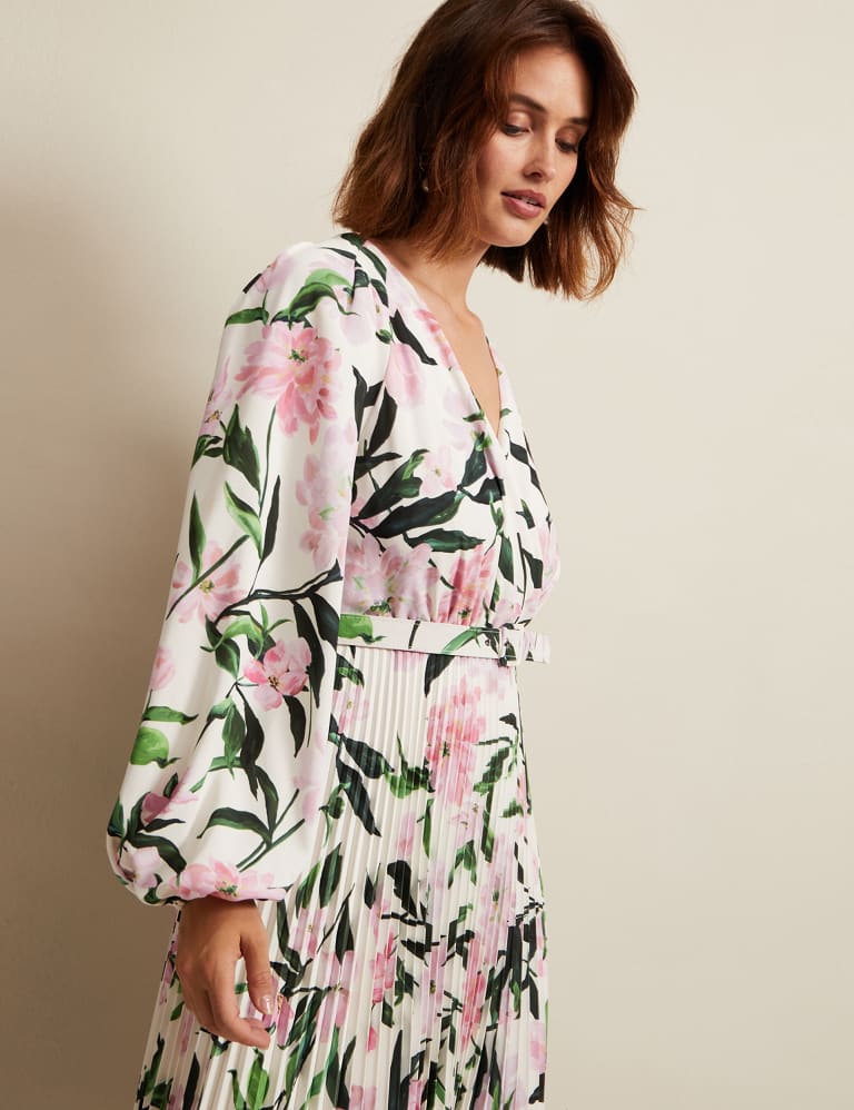 Floral V Neck Pleated Midi Wrap Dress