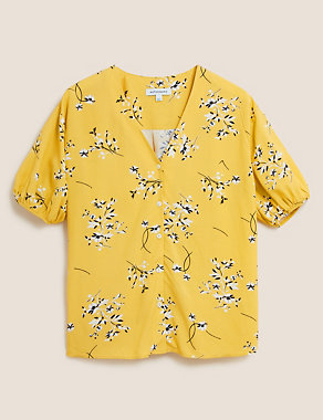Floral V-Neck Puff Sleeve Blouse with Linen Image 2 of 5