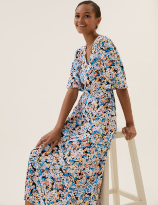 Floral V-Neck Puff Sleeve Midi Tea Dress, M&S Collection