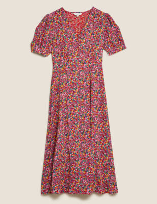 Floral V-Neck Puff Sleeve Midi Tea Dress – M&S X GHOST