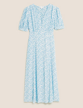 Floral V-Neck Puff Sleeve Midi Tea Dress Image 2 of 7