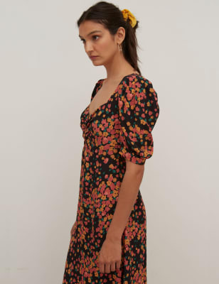 Floral V-Neck Puff Sleeve Midi Tea Dress – NOBODY’S CHILD